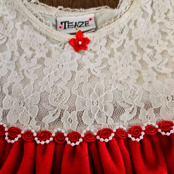 Vintage Girls Red Velvet White Lace Holiday Christmas Dress 2T Made in USA - Picture 5 of 7